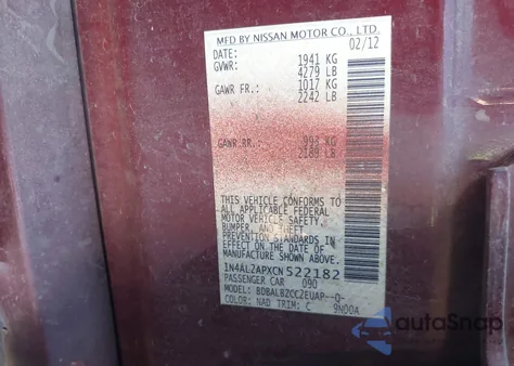 2012 Nissan Altima 2.5 S z USA, uszkodzony, nr VIN 1N4AL2APXCN522182